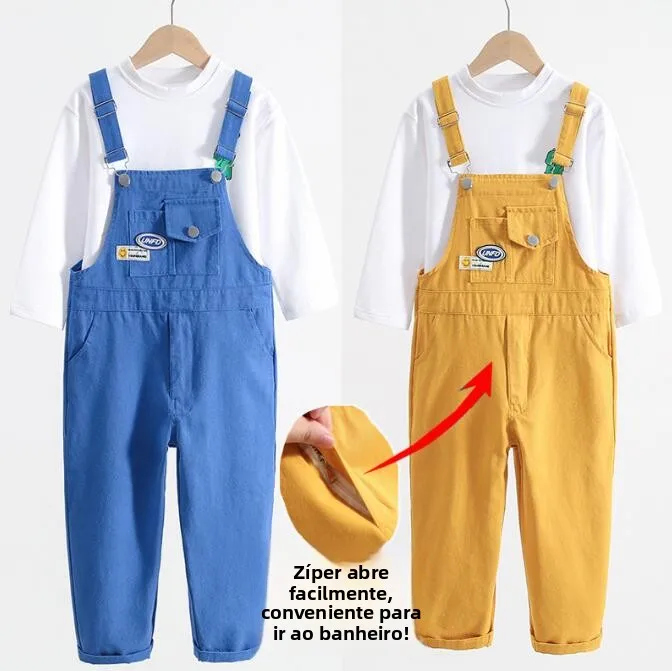 綿オーバーオール男の子と女の子用春秋ハイウエストジッパーロングパンツカジュアルストライププリント韓国スタイル子供服