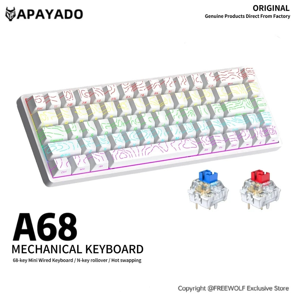 68-key Mini Keyboard A68 RGB Mechanical Keyboard,APAYADO Side-mounted Keycaps,Fully Hot-swappable Keys,Wired connection Keyboard