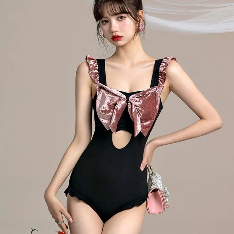 

Swimsuit Woman 2023 New Black Off-the-shoulder Bow Kawaii Girl One-piece Swimwea Trend Gathered Push Up Bikini Set Beach Outfits