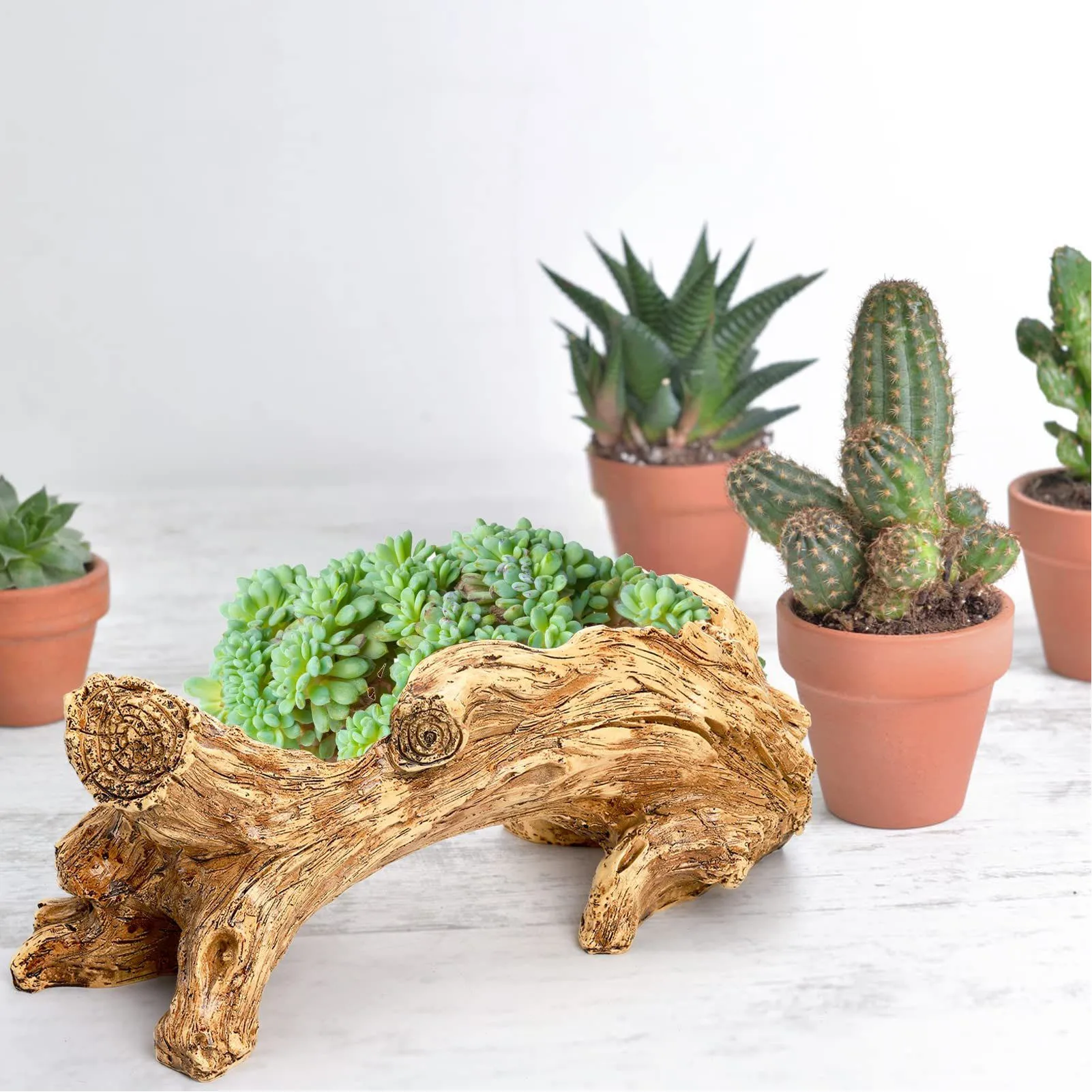 Artificial Driftwood Planter Resin Decorative Flower Pot with Drainage Hole Realistic Planter for Garden Home Decoration