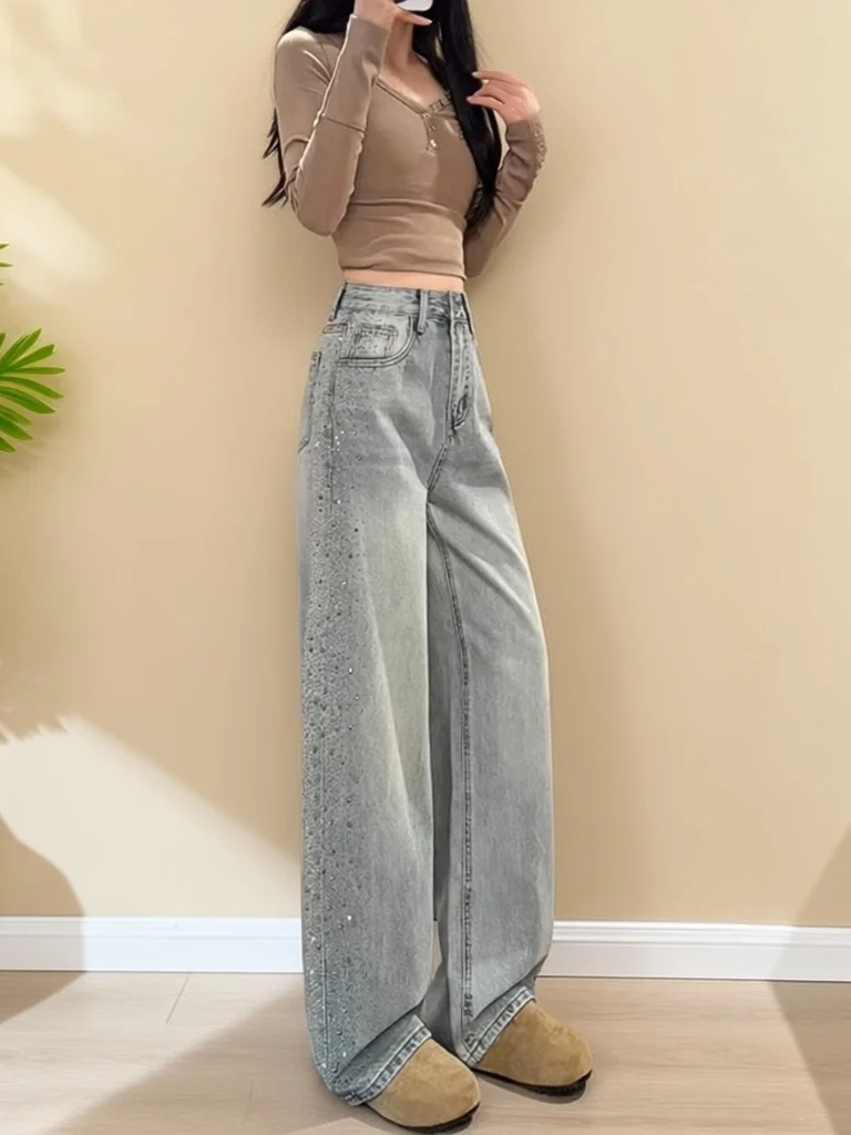 

Весенние модные джинсы с высокой талией и широкими штанинами, женские свободные джинсы с блестящим дизайном и стразами, повседневные джинсовые брюки прямого кроя