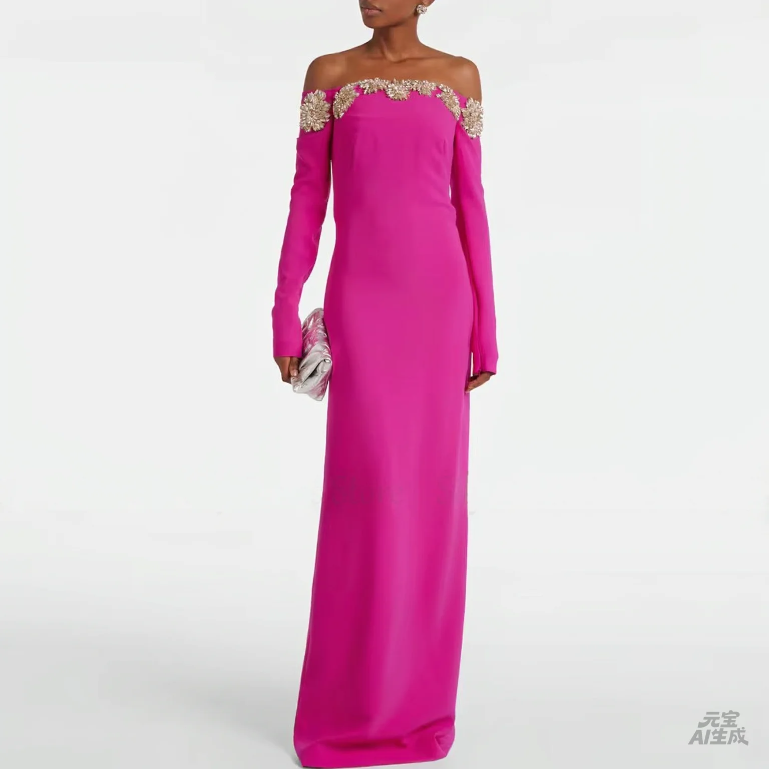 Chic Special Occasion Dresses Jersey Sheath/Column Mother Of The Bride Dress Fuchsia Off-the-shoulder Rhinestone Prom Gown 2027