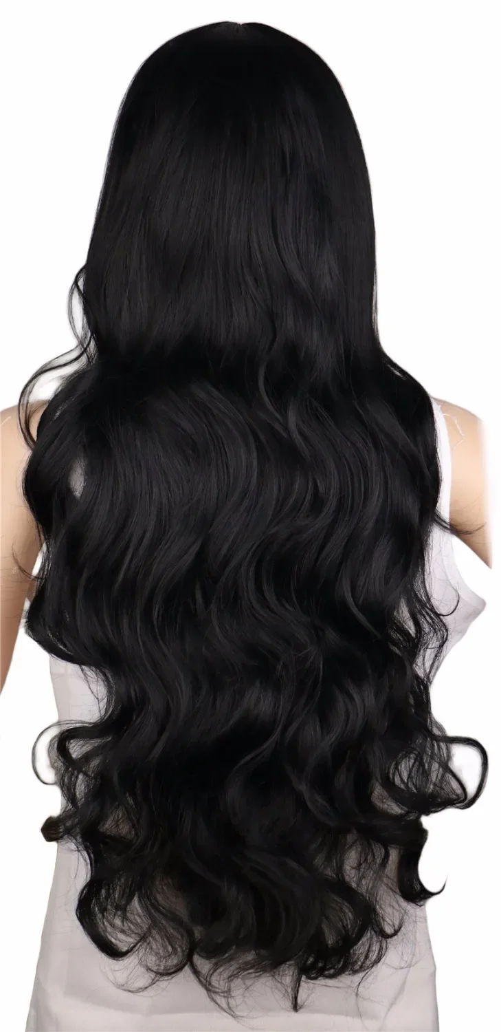 QQXCAIW Long Curly Cosplay Wig Party Women Natrual Black 70 Cm High Temperature Synthetic Hair Wigs