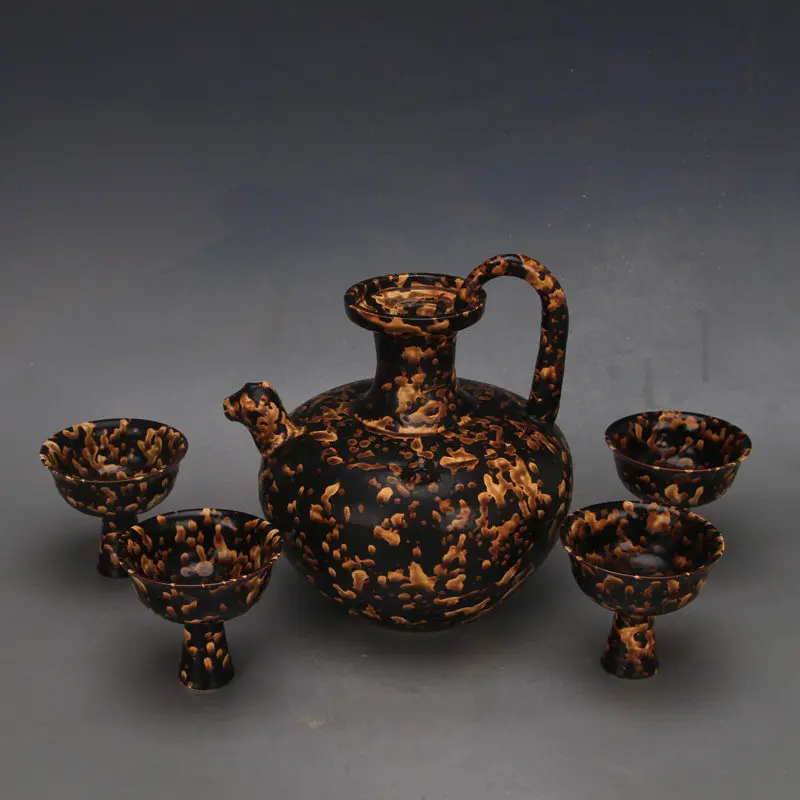 Song Jizhou Kiln Style Black Glaze Tiger Stripe Chicken Head Ewer High Foot Cup Set Chinese Porcelain Home Decor Collectible