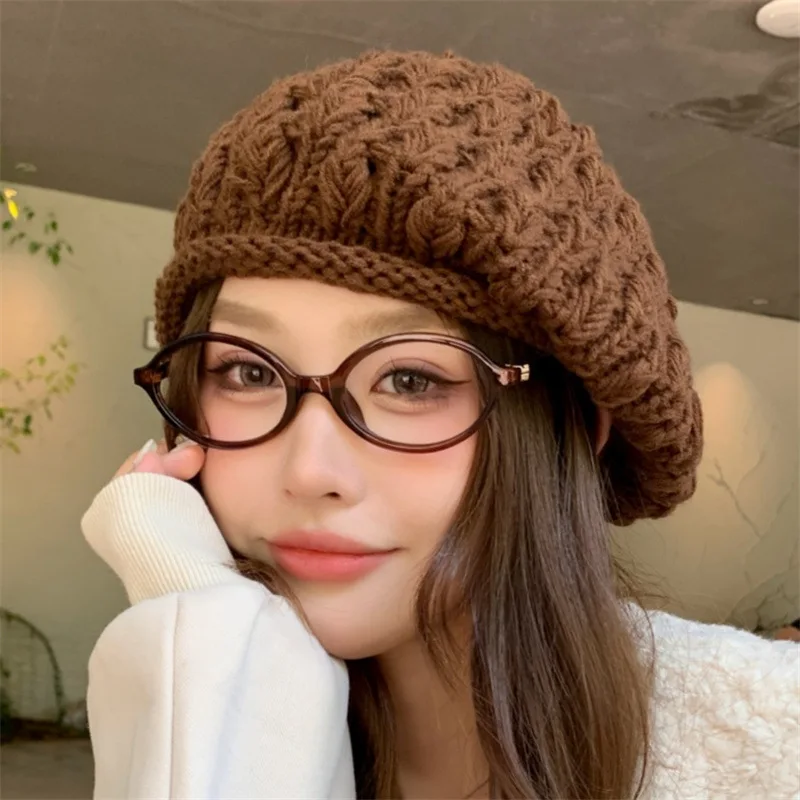 Autumn and winter thick wool beret, Korean style, sweet and lazy, large head, face-minimizing, versatile pullover hat