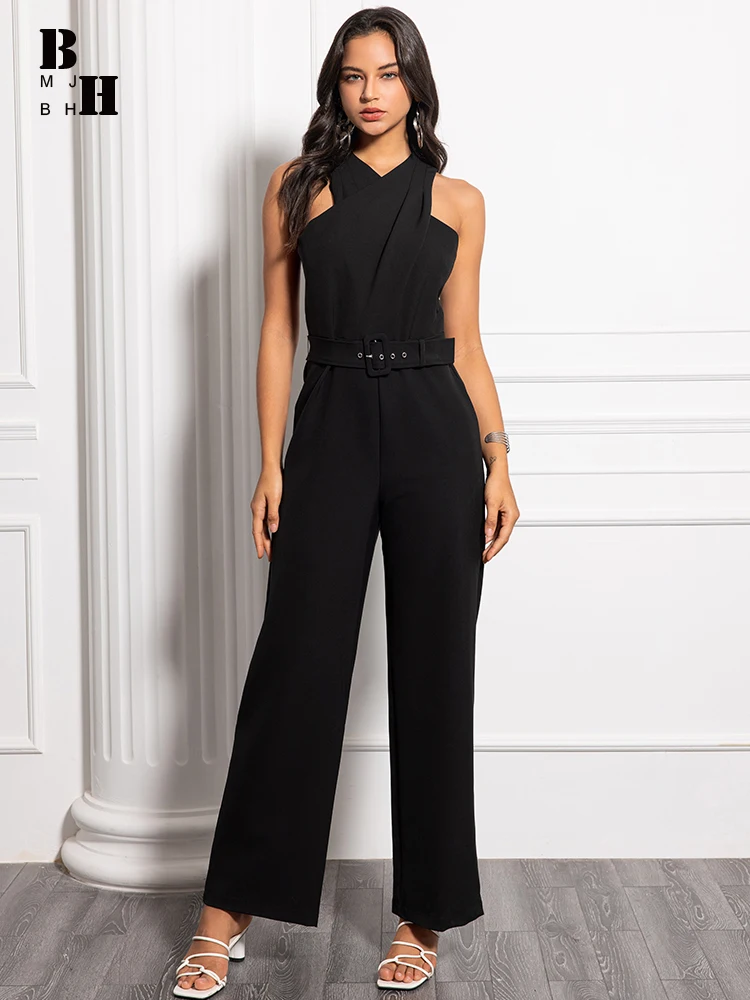 New Fashion Work Style Black Long Jumpsuits Women Clothes Chic Vintage Elegant Sexy Sleeveless Slim Wide Leg Loose Rompers Party