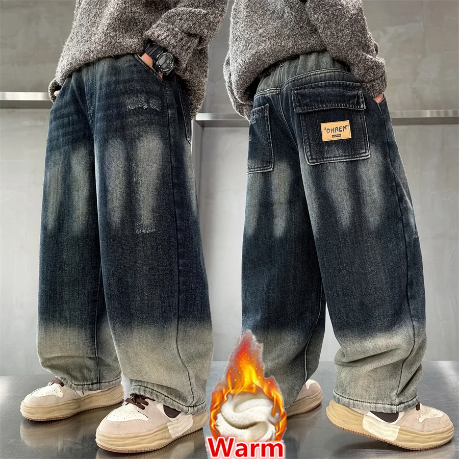 

Luxury Heavy Duty Children Winter Gradient Jeans With Fleece for Teen Boy High Quality Loose Straight Insulated Denim Pants 5-14