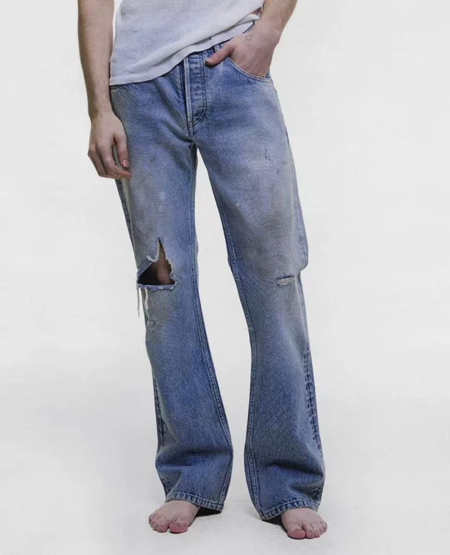 26ss Men Vintage Light Wash Distressed Flare Jeans Mid Waist Ripped Hole Faded Denim Pants Retro Streetwear Bootcut Trousers
