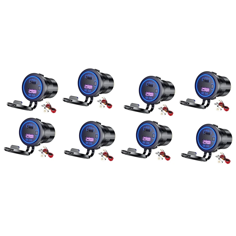 8X PD Type C USB Car Charger And QC 3.0 Quick Charger 12V Power Outlet Socket With ON/Off Switch Blue