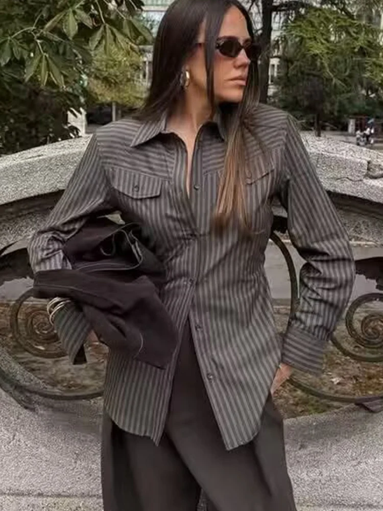 TFMLN новые женские полосатые рубашки для поездок на работу, повседневные рубашки с лацканами и карманами, весенне-осенние модные уличные женские рубашки
