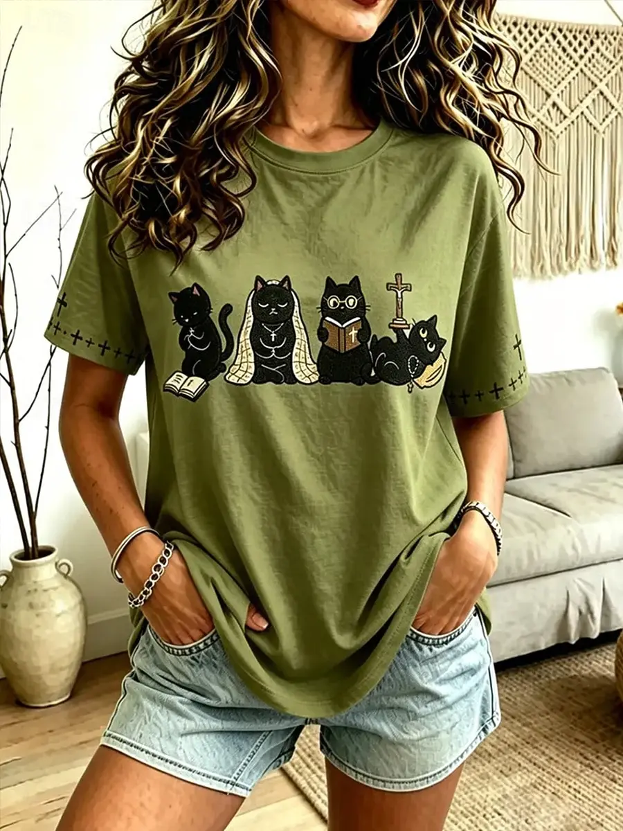 Women's Spring Summer 3D Printed Crew Neck Tee, Olive Green Religious Styled Black Cat Whimsical Healing Top