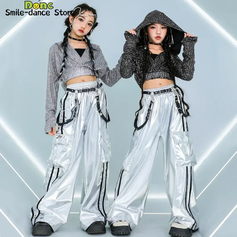 

Hip Hop Jazz Shiny Clothes Sets Children Streetwear Girls K-pop Silver Black Sequin Hoodies Street Dance Shorts Loose Pants