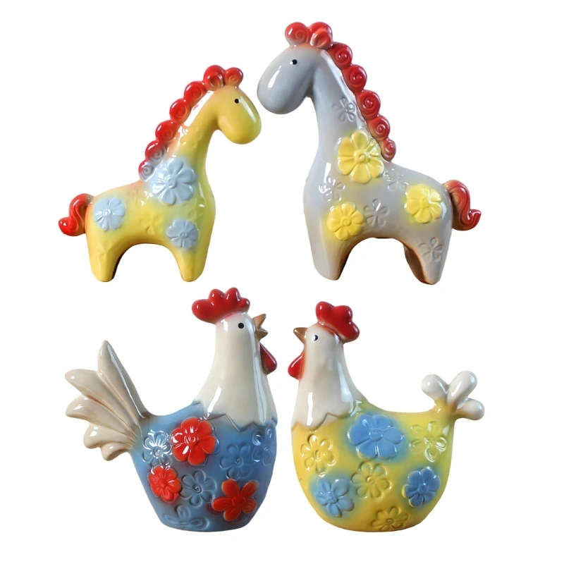 2 Pack Glazed Ceramic Decors Farm Animal Figurine Floral Textured Table Accent for Shelf Cabinet Entryway Living Room and B03E