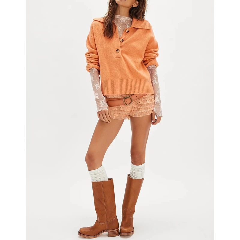 

Combhasaki Women Y2k Knitwear Pol0 Sweater Long Sleeve Oversized Collared Pullovers Ribbed Trim Lapel V Neck Knitted Jumper Tops