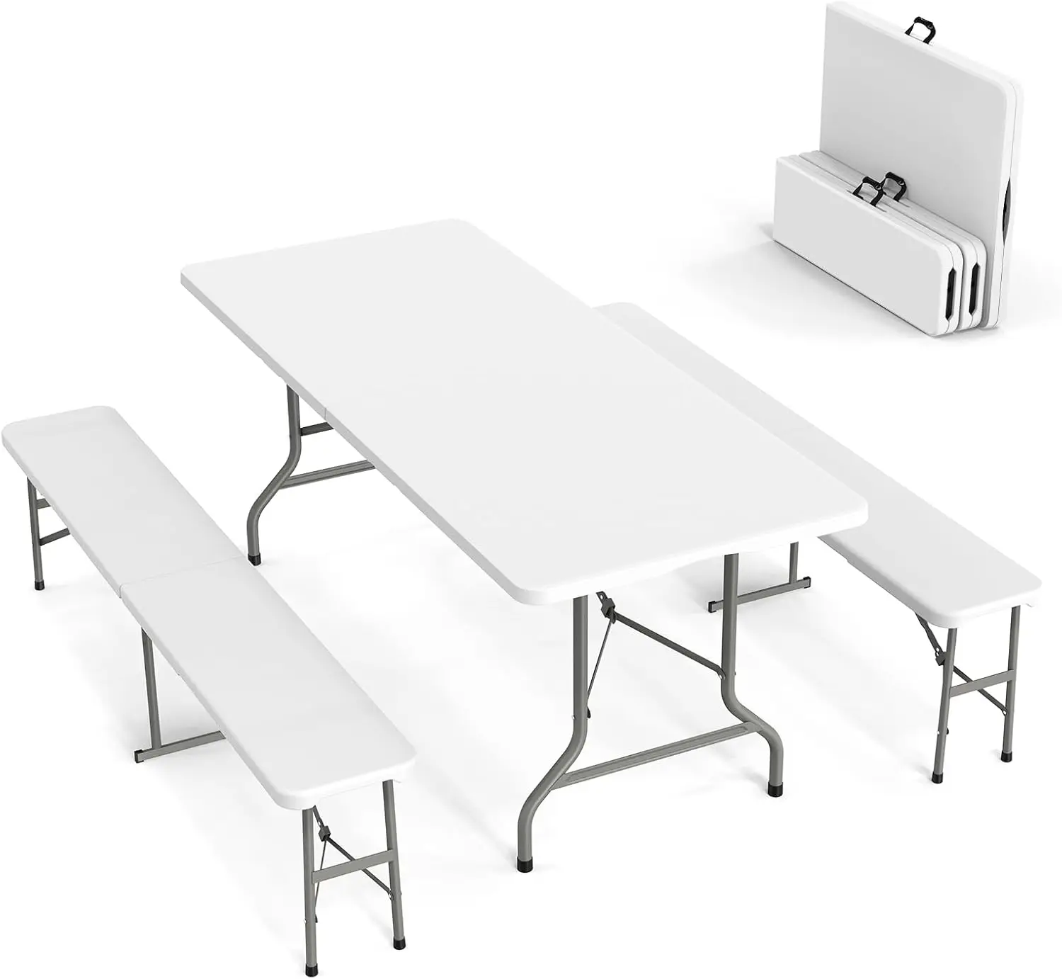 Folding Picnic Table Set With Two Benches, Six Feet Portable Camping Table Chair Set, Three Piece Outdoor Dining Furniture For Patio Backyard Park, White