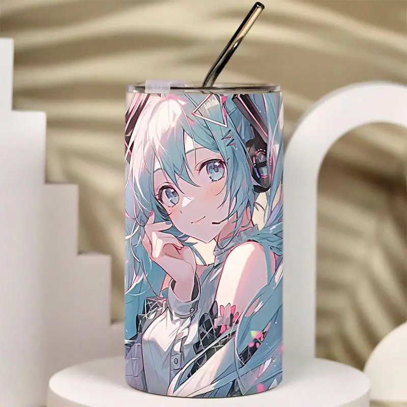 Anime Hatsune Miku cartoon pattern Kawaii thermos cup ins niche coffee cup dual-purpose stainless steel straw cup with lid