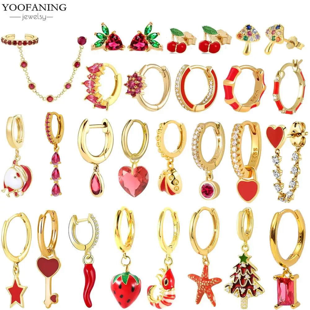 

925 Sterling Silver Needle Exquisite Hoop Earrings Red Zircon Love Strawberry Starfish Red Series Women's Earring Jewelry gift