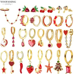 925 Sterling Silver Needle Exquisite Hoop Earrings Red Zircon  Love Strawberry Starfish Red Series Women's Earring Jewelry gift