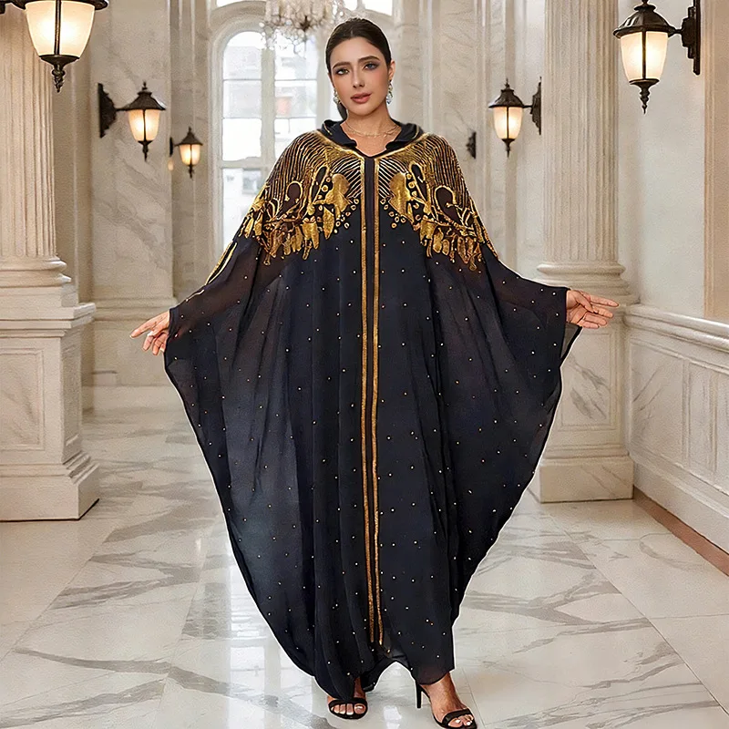 

Eid Women Abayas Party Dresses Hooded Muslim Dress Kaftan Jalabiya Rhinestones Ramadan Morocco Dubai Vestidos Arab Long Robe