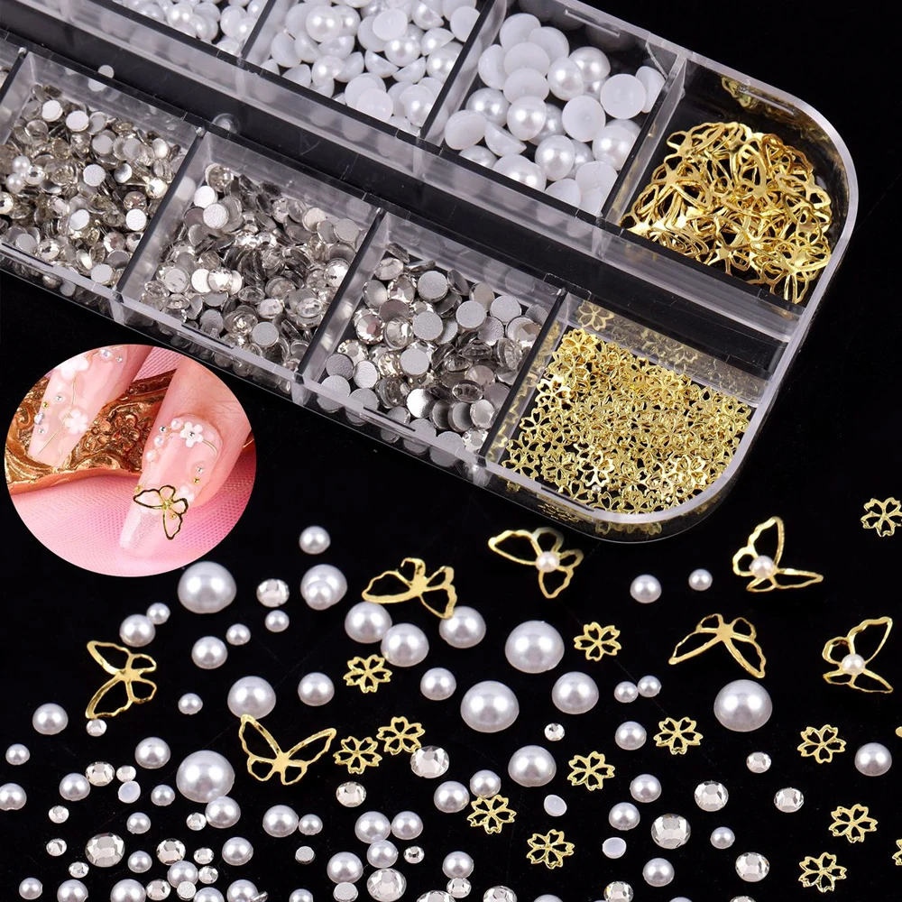4箱入り3Dミックスアクリルフラワーネイルチャーム、ピックアップツール付き、ゴールドシルバーキャビアビーズネイルデコレーション、ハーフラウンドパール＆ダイヤモンドネイルパーツ