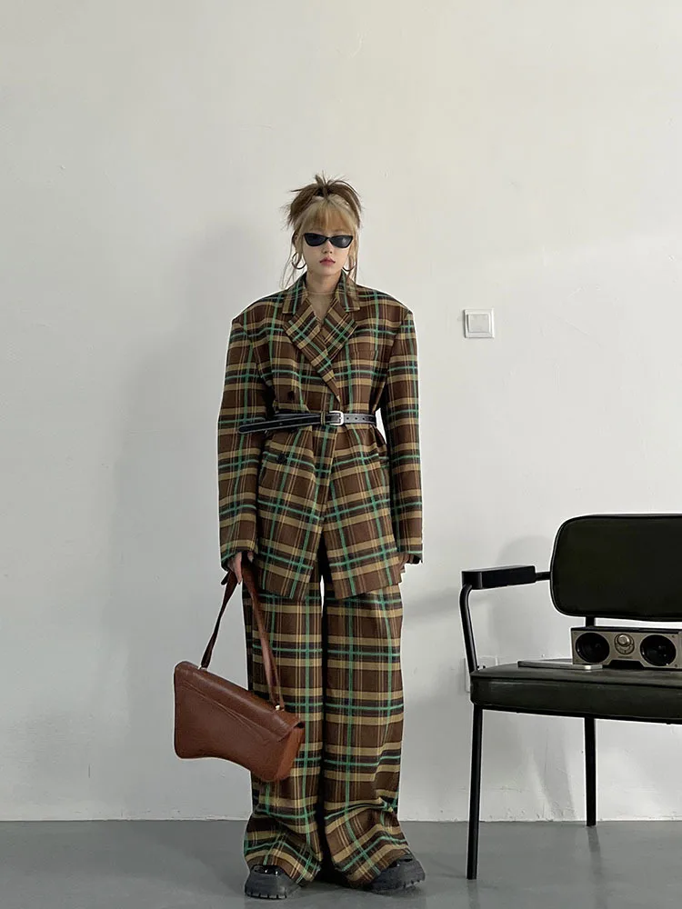 Vintage Colorblock Patchwork Plaid Blazers +Plaid Wide Leg Pants High Street Two piece sets 2023 Spring Autumn