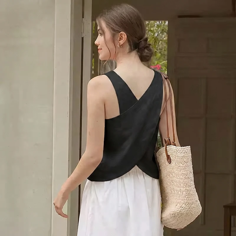 100% Lniany Top Damski Casual Solid Back Cross Patchwork Tank Top Letnie Topy Haut Femme Odzież Damska Oferta Darmowa Wysyłka