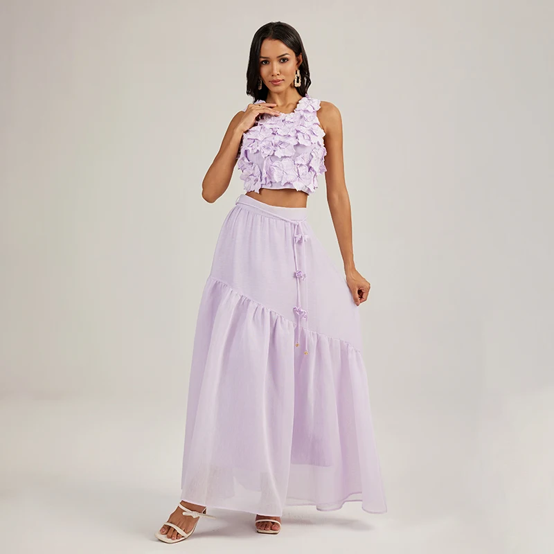 

ALPHALMODA 2025, Vacation Style, Purple Flowers, Backless Top + Long Skirt, Women Sexy 2pcs Suit, Seaside, Holiday Outfit