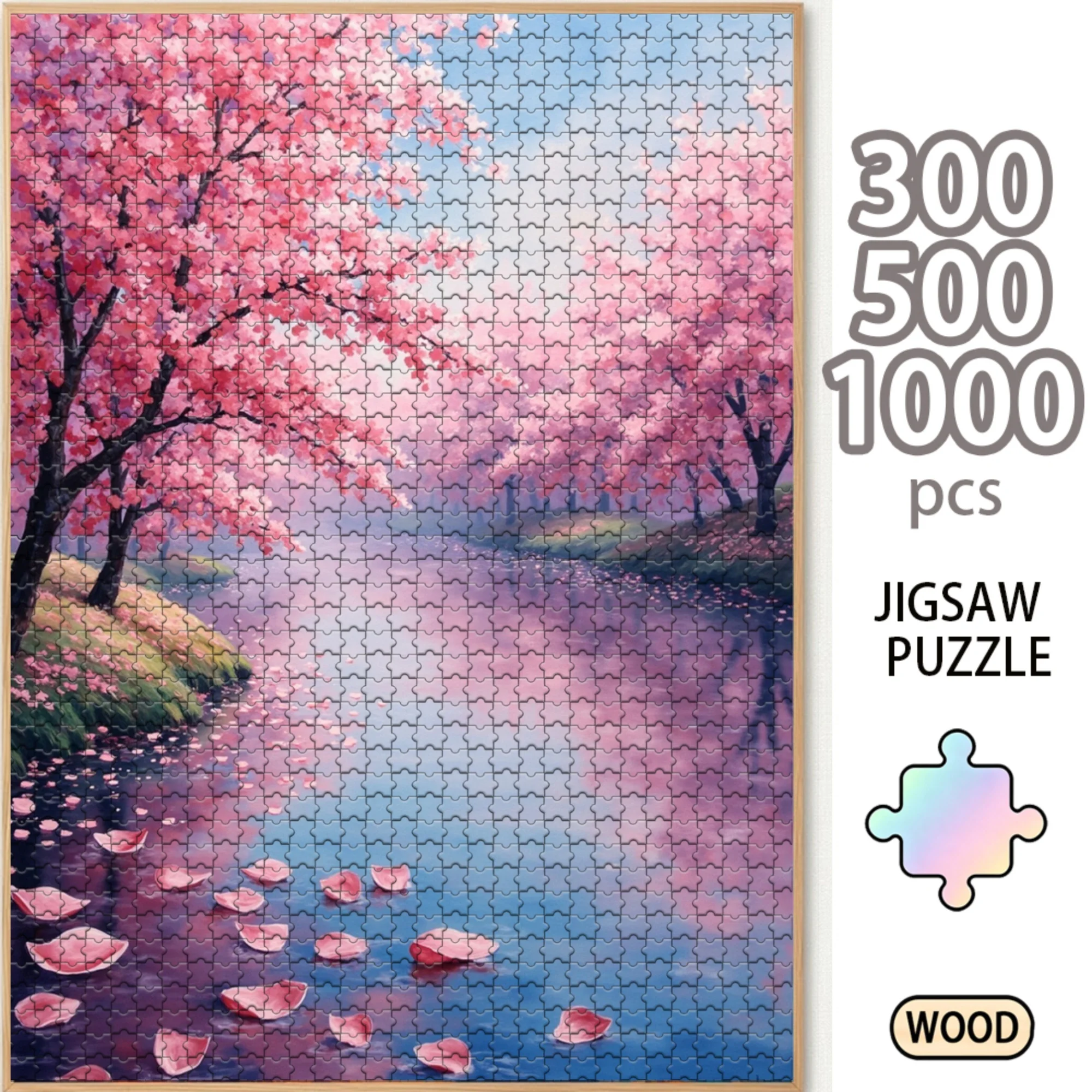 Sakura Cherry Blossom River Wooden Jigsaw Puzzle 300/500/1000 Piece Spring Reflection Impressionist Oil Painting Art Board DIY Home Wall Decor Gift for Adults