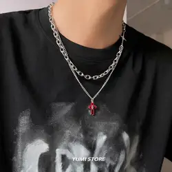 Titanium Steel Bright Red Cross Necklace for Man Trend Double-layer Collarbone Choker Male Pendant Jewelry Kpop Gift Wholesale