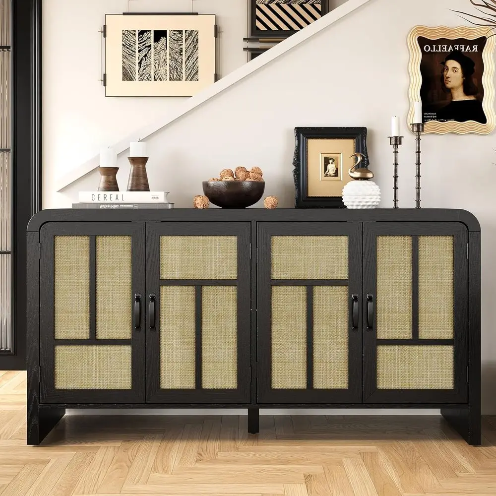 

59 Rattan Media Console with Storage Shelves for Living Room, Kitchen, and Dining Area
