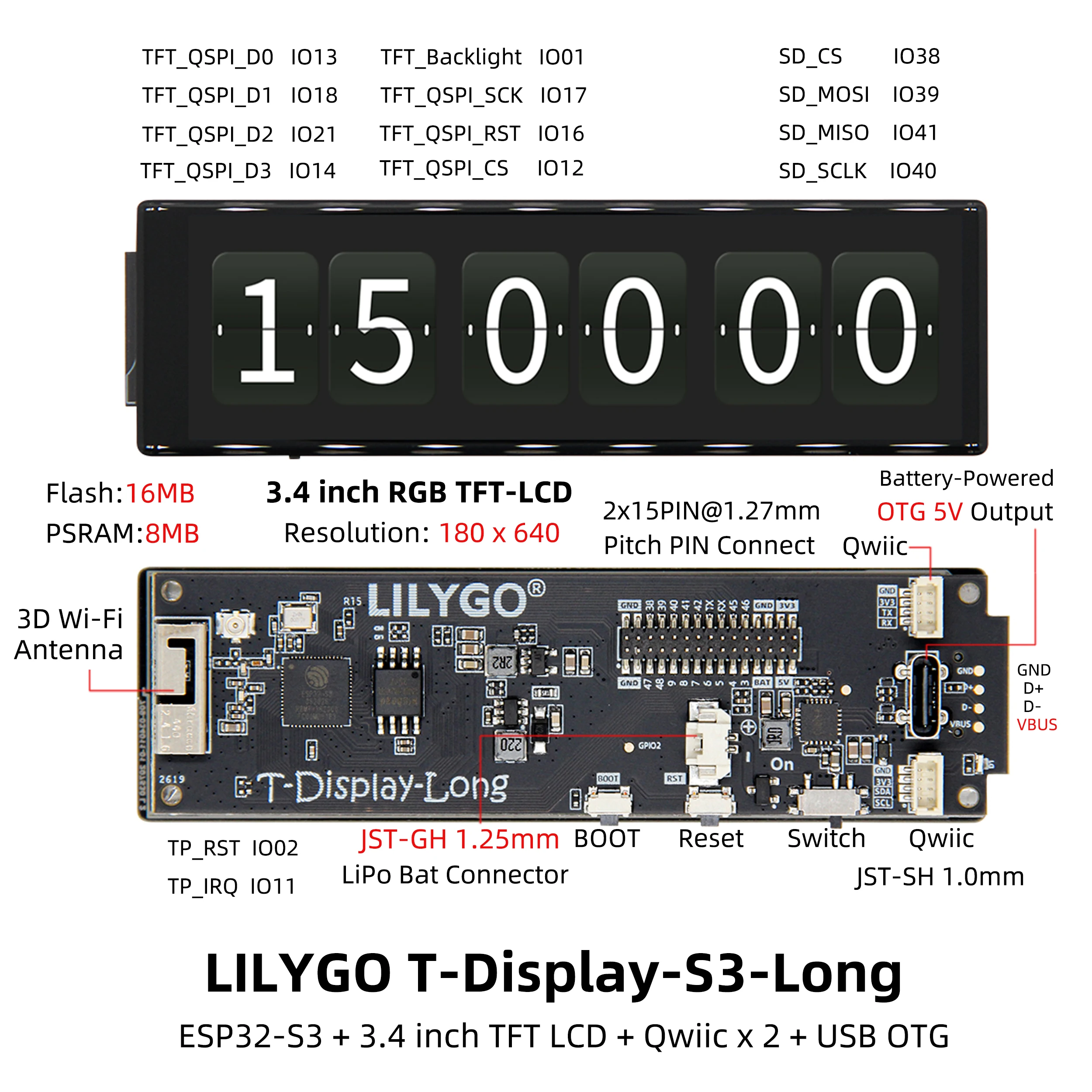 LILYGO® T-Display-S3-Long 3,5-Zoll-Touch-Display ESP32-S3 Entwicklungs board TFT LCD-Funkmodul WiFi Bluetooth 16MB Flash – Detail 4