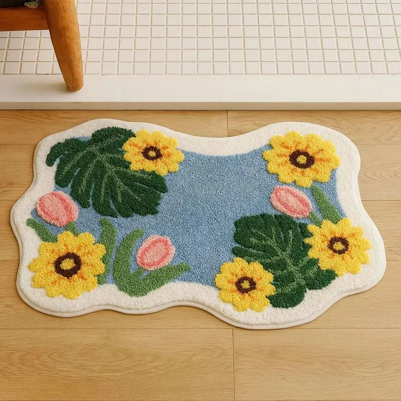 VIKAMA Sunflower Tulip Bath Mat Irregular Shape Blue Floral Non Slip Soft Plush Bathroom Rug Absorbent Floor Mat for Shower Tub