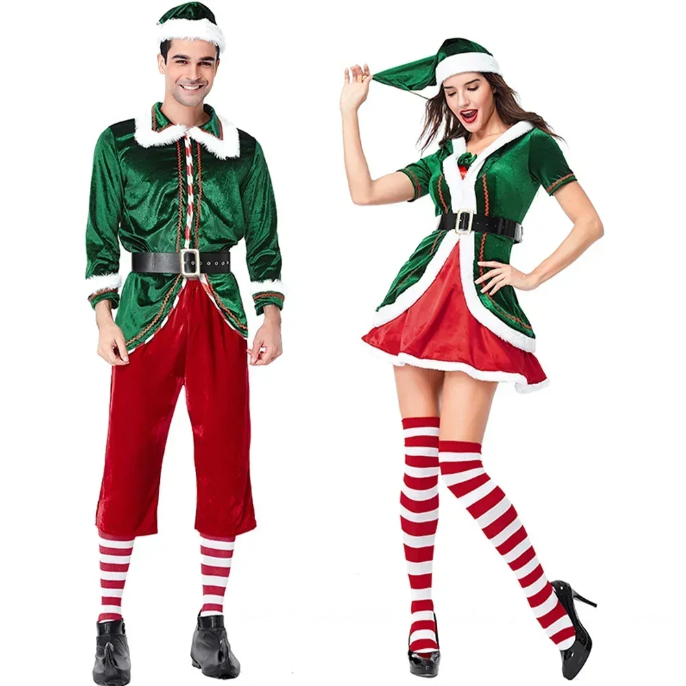 

Men and Women Christmas Cosplay Santa Claus Couple Costume Boys Girls Green Elf Couple Claus Costume Suit