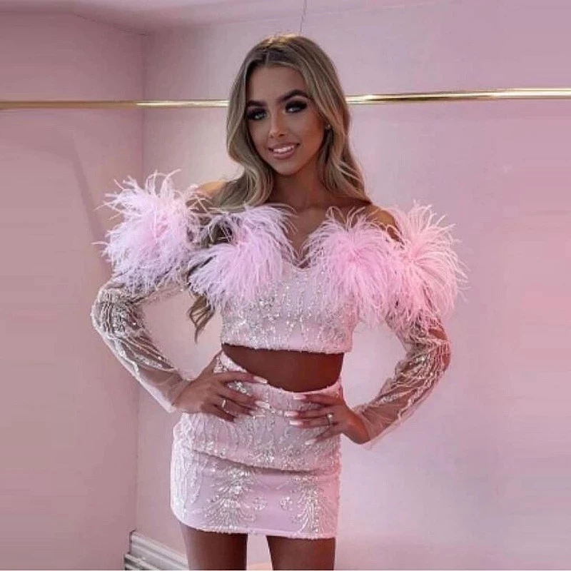 Blush Pink 2 Pieces Cocktail Dress Full Set Party Gowns Lace Off Shoulder Illusions  Prom Dresses Short Feathers Sleeves 2023