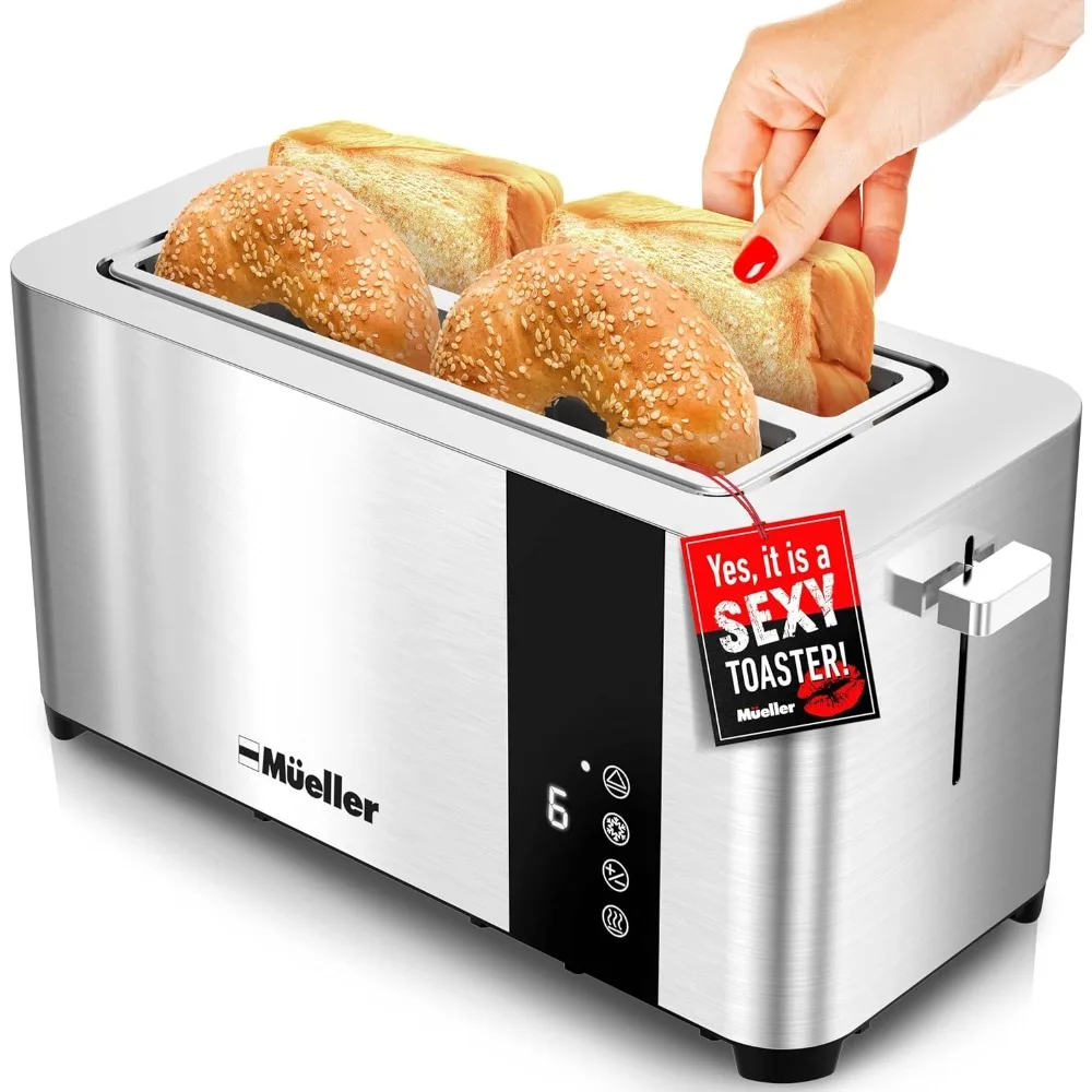 Voller Edelstahl-Toaster 4 Scheiben, lange, extra breite Schlitze mit abnehmbarem Tablett, Funktionen zum Abbrechen/Abtauen/Aufwärmen