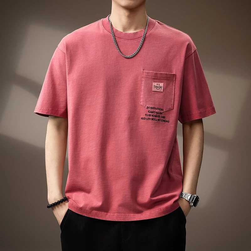 

Fashion O-Neck Spliced Pockets Letter Embroidery T-Shirts Men's Clothing Summer New Loose Casual Tops Korean Tee Shirt