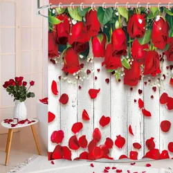 Red Rose Shower Curtain Set with 12 Hooks Waterproof Floral Shower Curtain for Bathroom Valentines Day Shower Curtain 72''X 72''