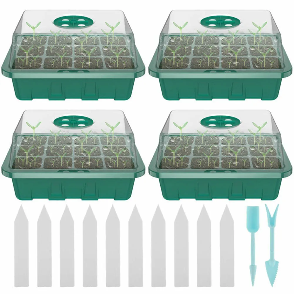 4x Mini Greenhouse 12grids Gardening Pots Starter Tray Plant Label With Ventilation Hole Flower Growing Cultivation Planting Box