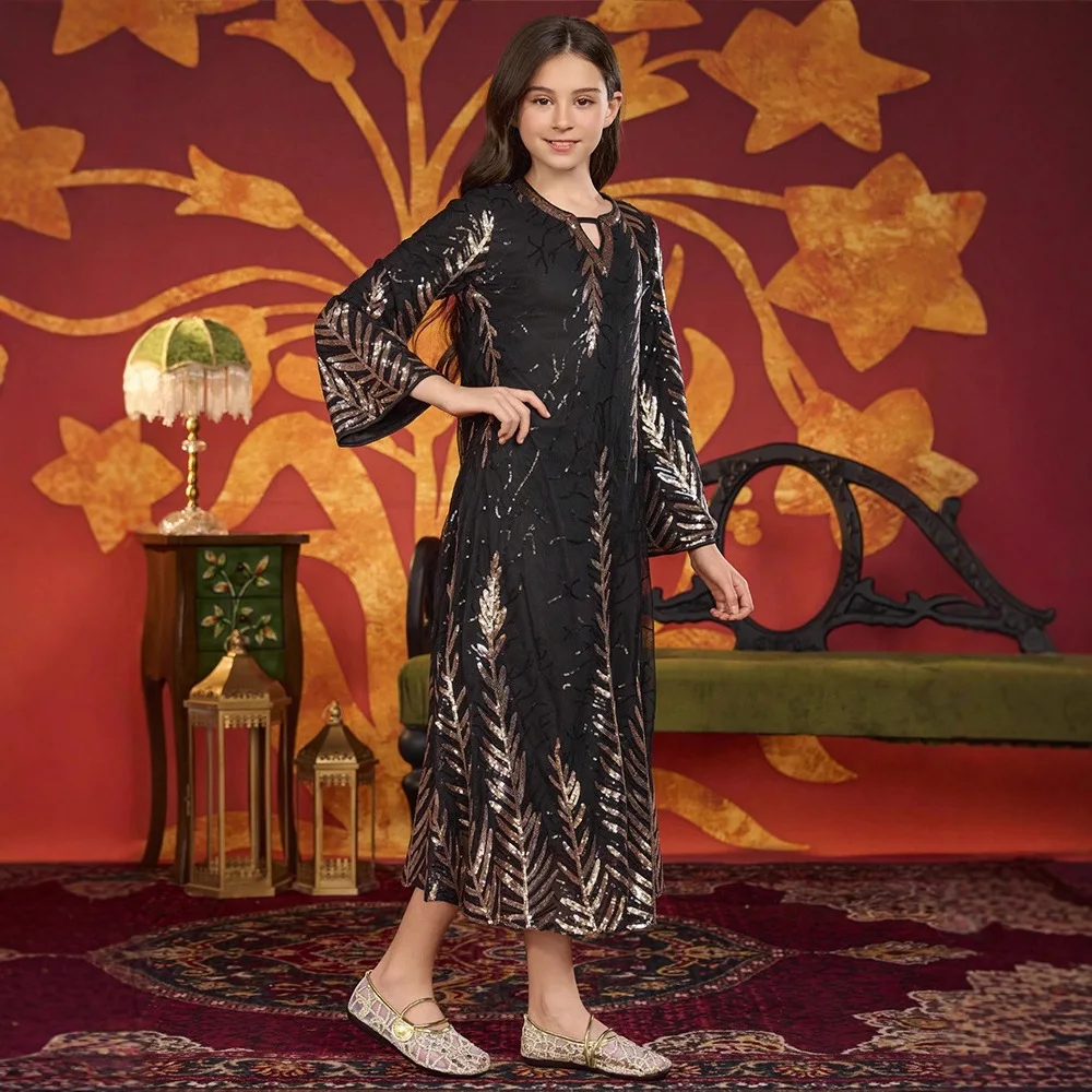 Muçulmano crianças meninas lantejoulas vestido robe ramadan eid djellaba islâmico crianças roupas árabe abaya turquia marrocos festa vestido solto