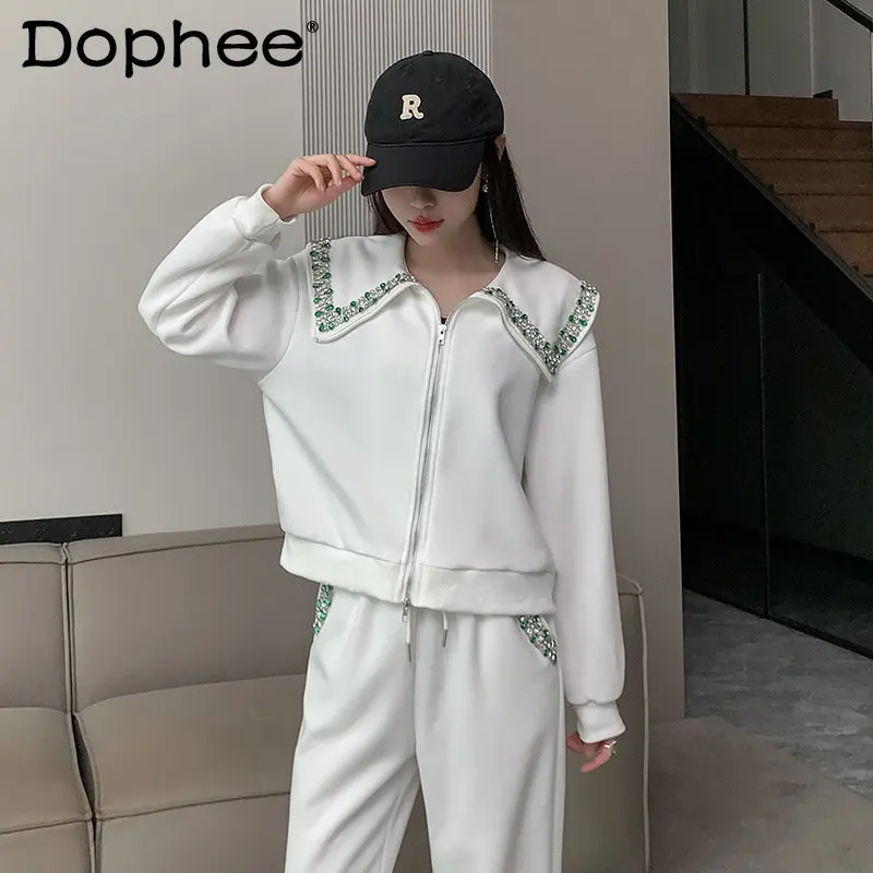 Exquisite Rhinestone Large Lapel Zipper White Hoodie Women Cardigan 2023 Spring New High Waist Casual Pants Sports Two-Piece Set