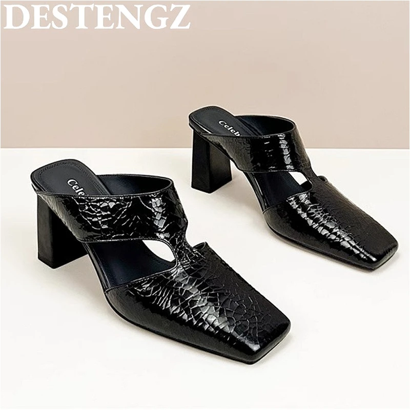 

New Mules Women High Heels Slippers Summer Sandals Woman Square Toe Shoes Brand 2025 Designer Pumps Plus Size Slides Mujer Dress