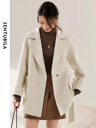 SENTUBILA Winter 100% Wool Coats Women 2024 Elegant Notched Collar Double-faced Wool Blend Oversize Belted Overcoat Patch Pocket