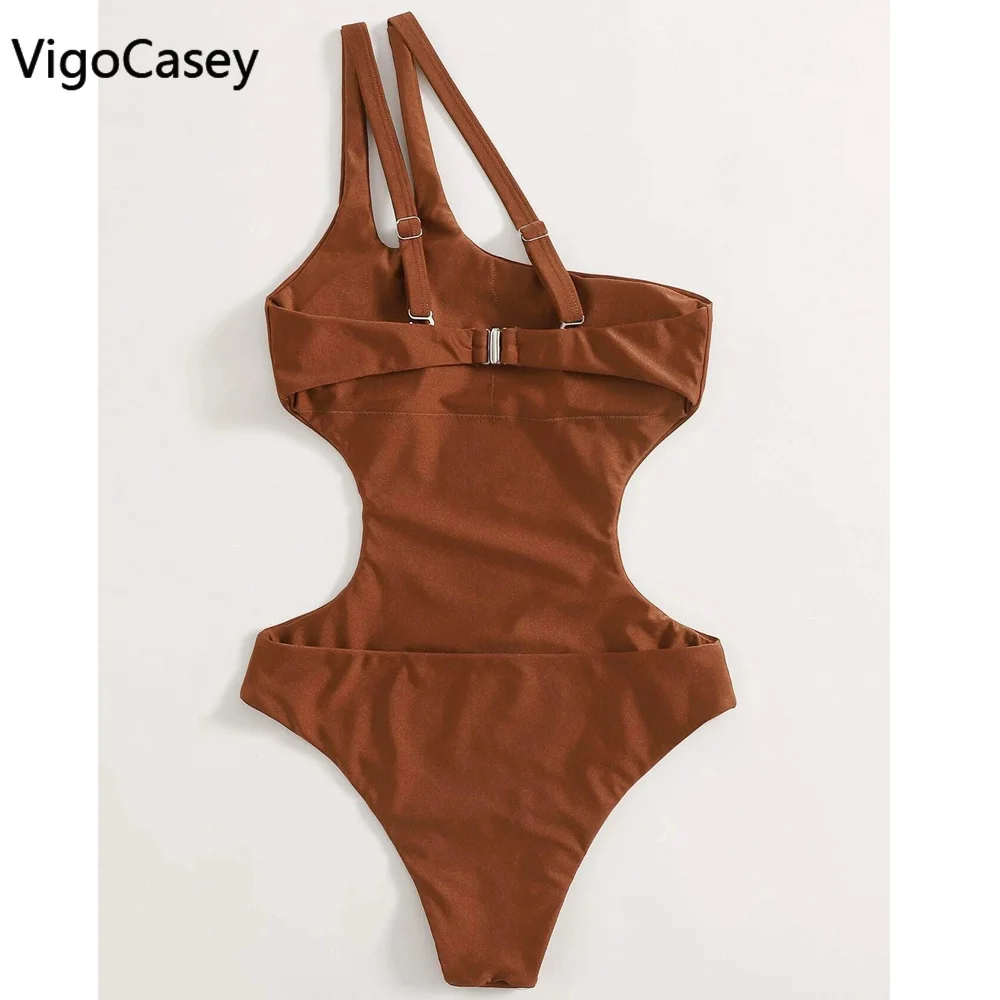 VigorCasey 2025 traje de baño sólido de un hombro para mujer, traje de baño Sexy de cintura alta hueco de una pieza, Monokini, traje de baño para