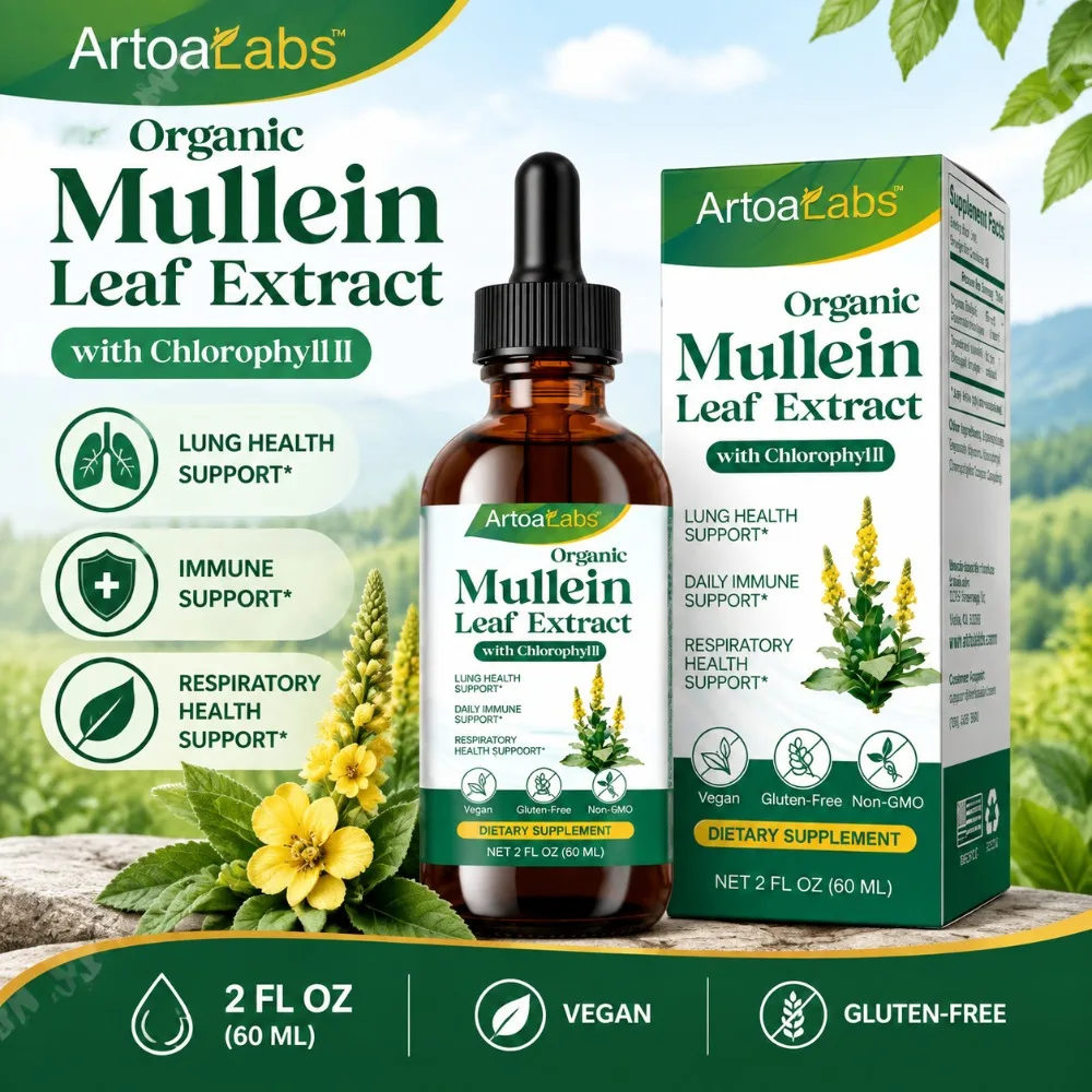 Organic Mullein Leaf Extract Drops for Respiratory Health Lung Cleanse Immune Support with Chlorophyll Vegan Gluten-Free 60 ML
