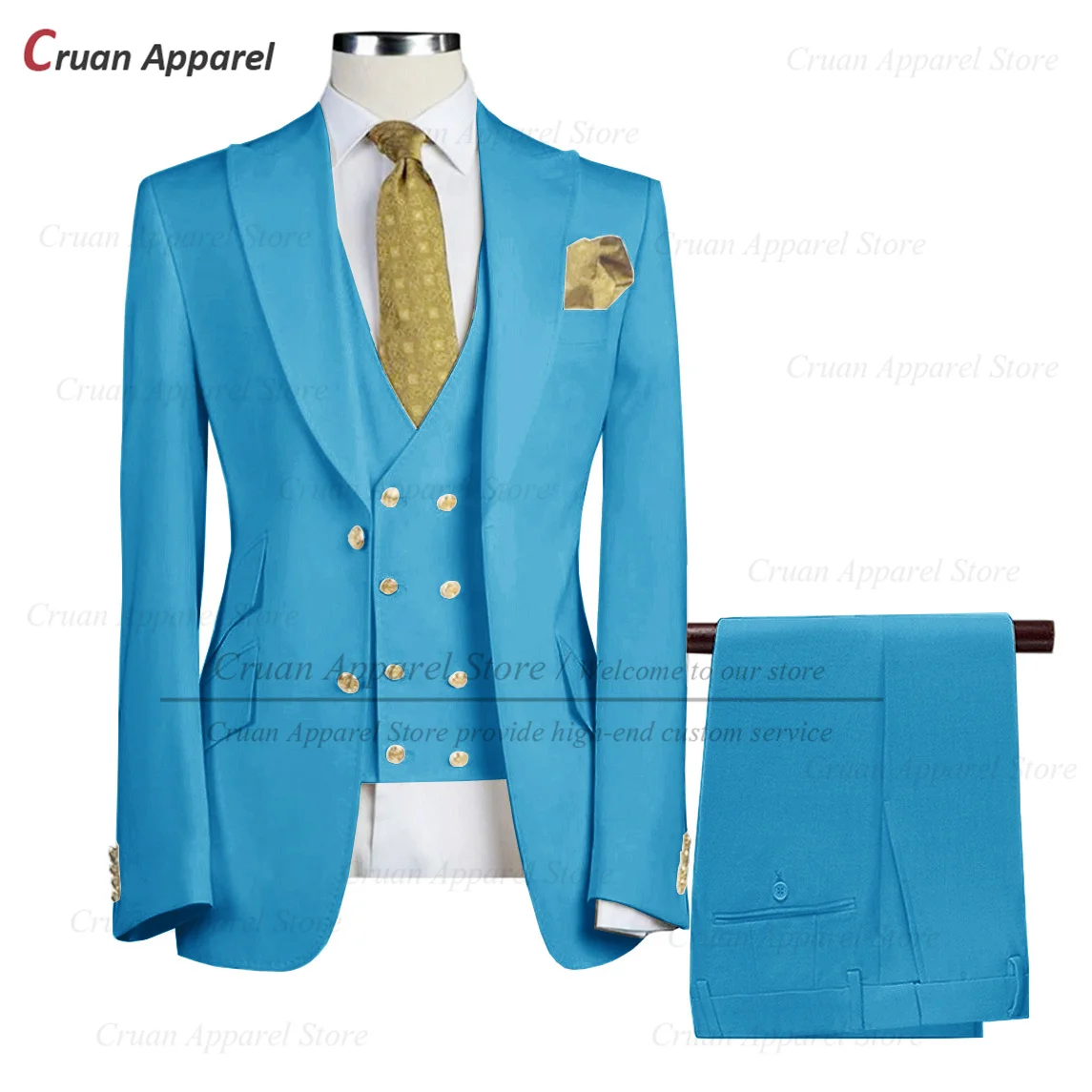 Tailor-made Brand Ivory White Suits for Men Slim fit Prom Wedding Groom Tuxedo Set Party Gold Buttons Blazer Vest Pants 3 Pieces