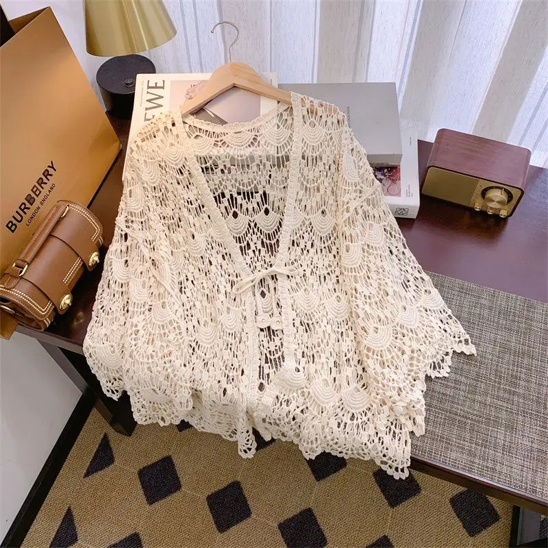 

Тонкий вязаный крючком полый кружевной вязаный свитер, женская летняя куртка большого размера, толстая мм внешняя юбка на подтяжках, солнцезащитный кардиган, топ
