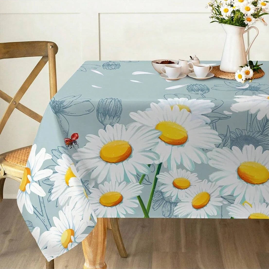 Chamomile Rectangular Tablecloth Flower Polyester Table Cloth Spring Summer Holiday Dining Tablecover Party Home Decoratipn