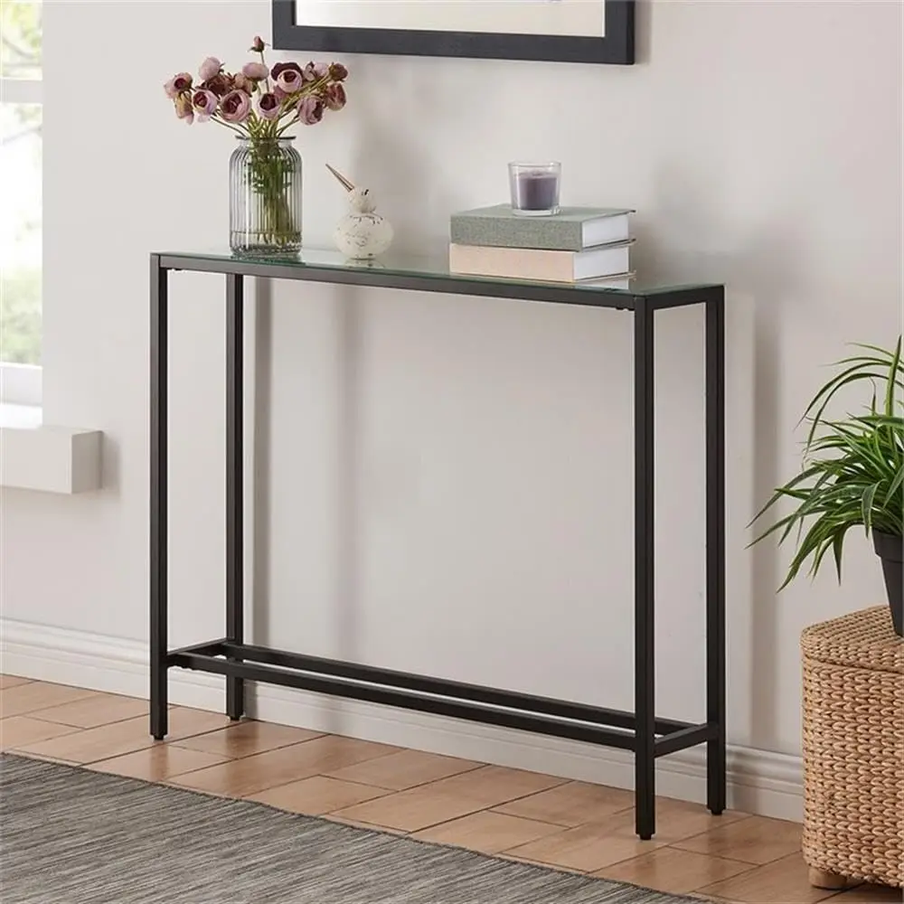 Narrow Console Table Glass Top Black Metal Frame, Slim Hallway Living Room Decor, 36 in, Customized view 2