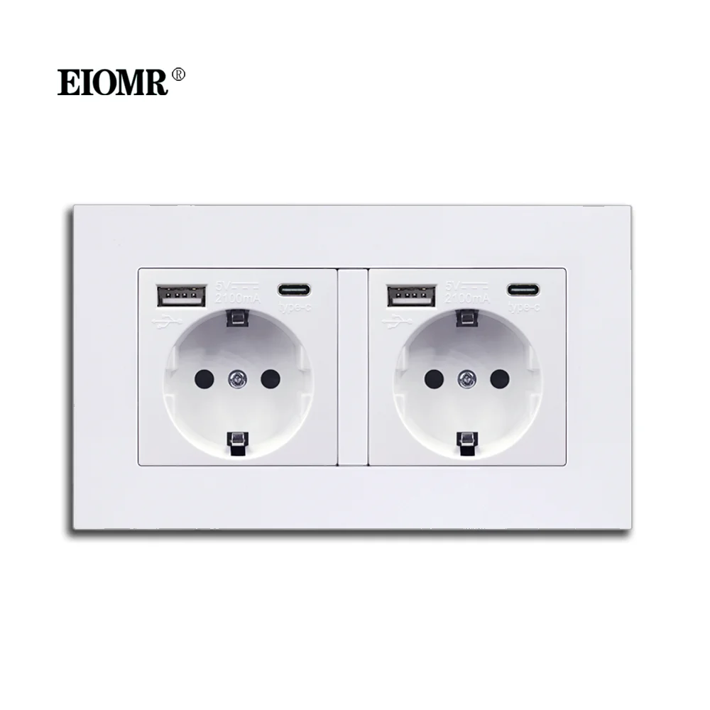 EIOMR EU USB Wall Socket Double Socket 146mm*86mm European Standard Power Socket 5V 2.1A Type C Wall Socket for Phone Charge