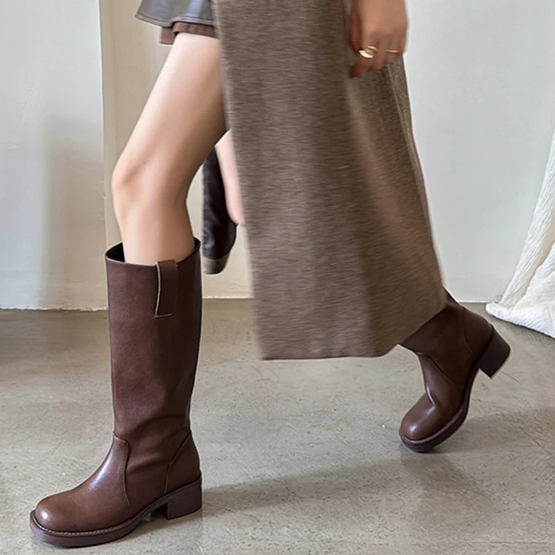 JOZHAMTA Size 34-40 Knee High Boots For Women Wedges Long Boots Real Leather Mid Heels Shoes Winter 2025 Pull-On Daily Dress